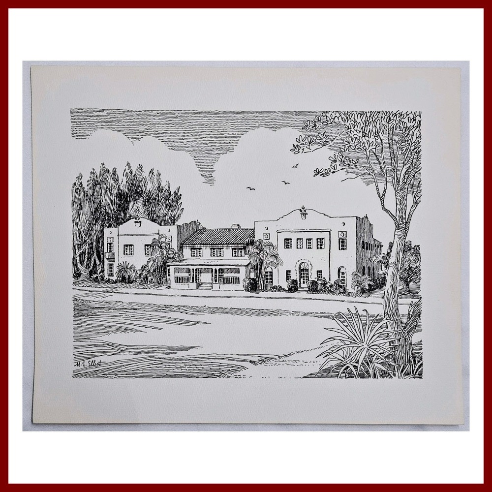 M E Elliot Print Mid Century Modern House Signed Vintage Landscape Architecture‎